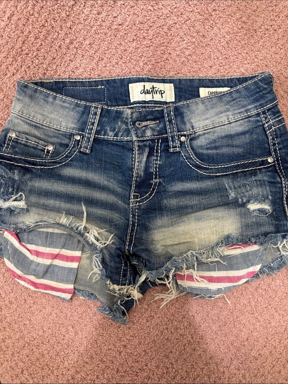 Daytrip Blue Distressed Denim Shorts with Pink & White Stripe Lining